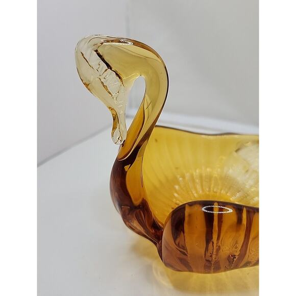 Vintage Amber Hand Blown Swan Art Glass Candy/Trinket Bowl 4" Retro Art Deco MCM - Picture 8 of 9